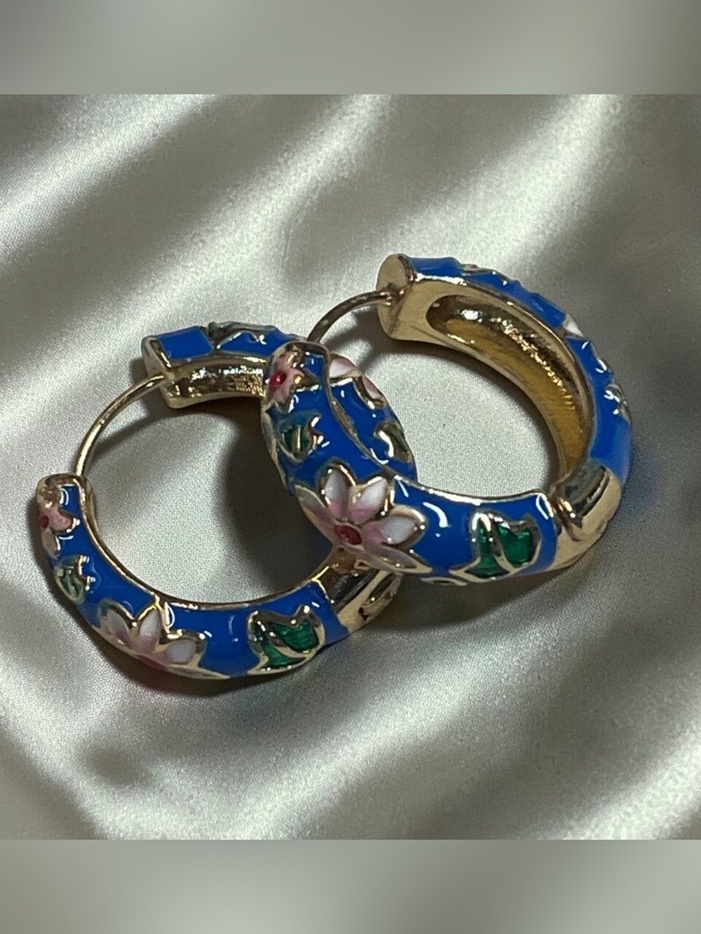 Blue Cloisonne Floral Hoop Earrings